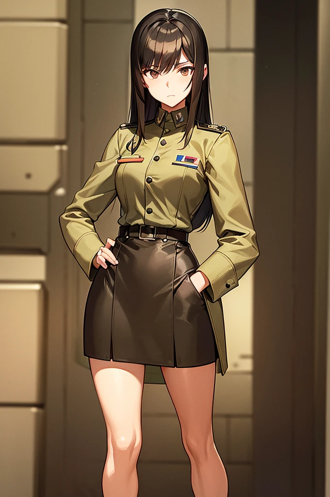 Content:
A black anime woman in a uniform inspired by German WW2 attire, standing in the desert. She has a mature face with long brown hair and brown eyes, exuding confidence and authority. She is depicted as a military general.

Medium:
Concept art, digital illustration.

Style:
Inspired by Yasutomo Oka, Pixiv, Shin Hanga, Fujita Goro, Range Murata, and Artgerm. Incorporating elements from dieselpunk aesthetics and detailed, fine art.

Lighting:
Dramatic, with strong contrasts to highlight her authoritative presence and the intricate details of her uniform. Subtle shadows add depth and realism.

Colours:
A palette dominated by military greens, browns, and desert hues, with subtle highlights to bring out the texture of the uniform and her features. The background features a desert landscape, emphasizing the military theme.

Composition:
A full-body shot, showcasing her mature and confident stance. She stands with a commanding presence, right hand saluting, and left hand behind her back. The desert environment enhances her military aura and the overall composition.