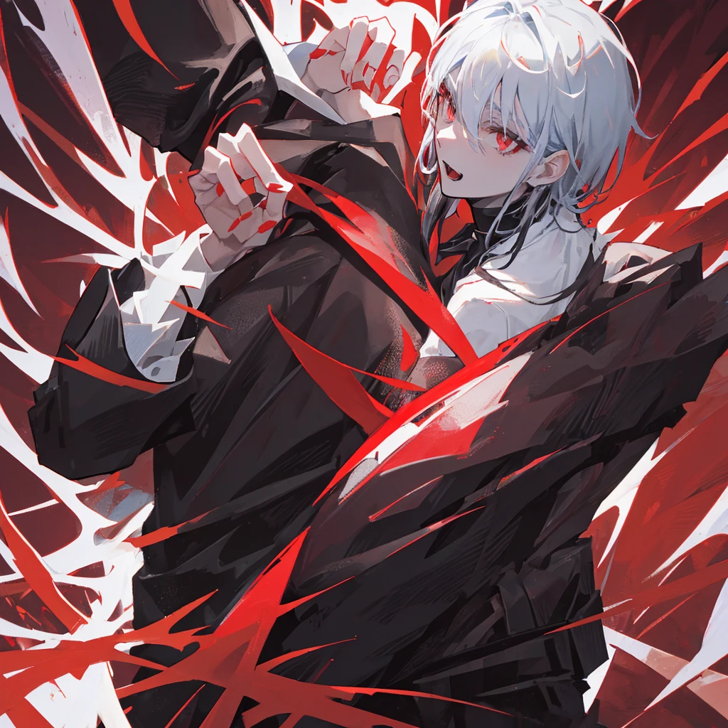 A vampire male,Sharp tiger teeth,Red eyes,Black short hair,Wearing a tuxedo,((Pure red background))