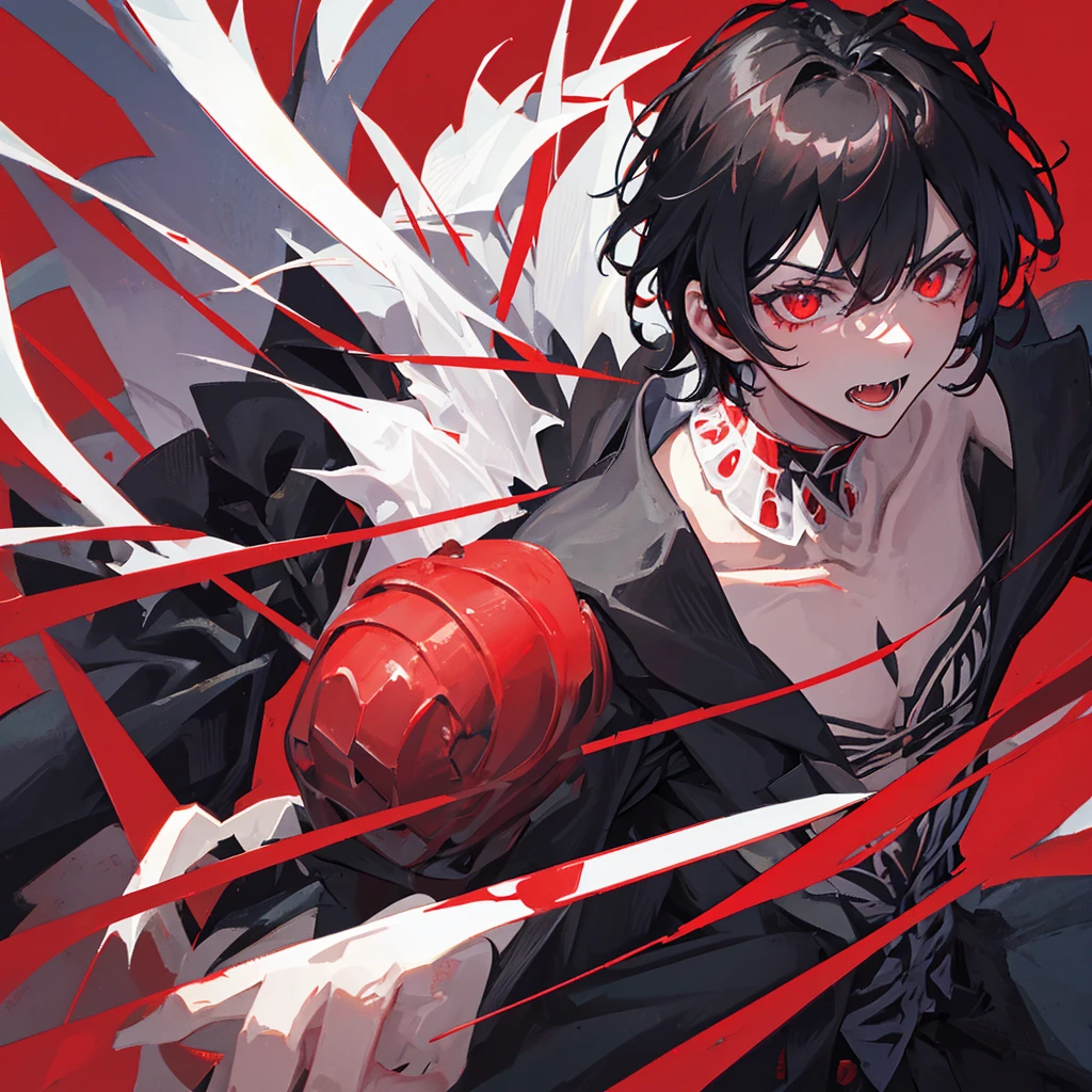 A vampire male,Sharp tiger teeth,Red eyes,Black short hair,Wearing a tuxedo,((Pure red background))