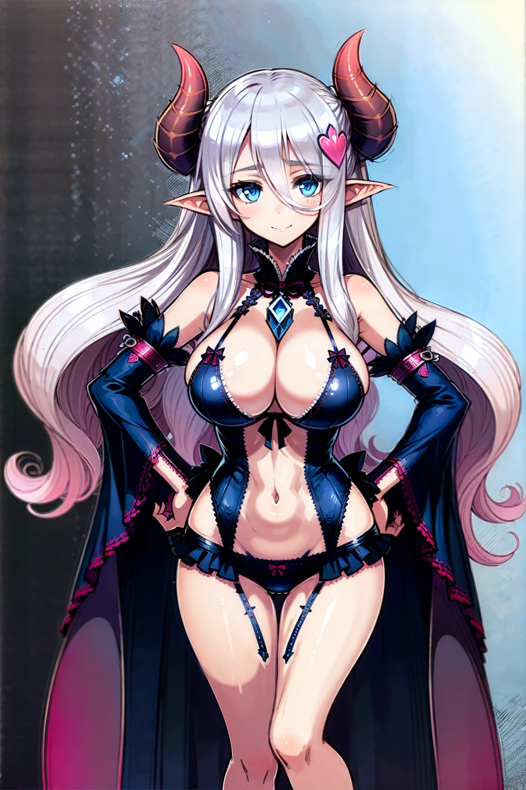 (((1 demon girl))), ((detailed blue eyes)), ((long silver hair)), large breasts, curvy hips, perfectly drawn body, seductive smile, narmaya, lingerie, best quality, masterpiece, ultra-detailed