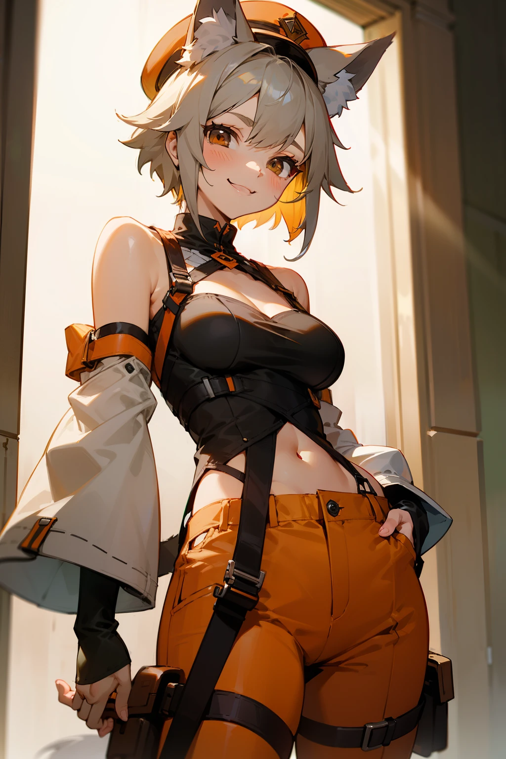 Cute girl, wolf ears, evil smile, short gray hair, brown eyes, small light green hat, orange pants: Short pants with straps, rises to the shoulders, contains orange straps that extend from the front to the shoulders, large breasts