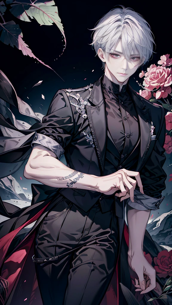 (Absurdres, Highres, Ultra Detailed, HDR)
Best quality picture of a detailed character with handsome looks, grinning face, strong physique. Beautiful hands Short unruly gray hair, pink eyes, tattoos on her arms, in black elegant clothes, dark background with luxurious interior details
Intricate and detailed outfit made of flowing silk.,
Detailed background, dark elegant
Art kenouji
Tim Burton theme.
Intricate details.
Masterpiece