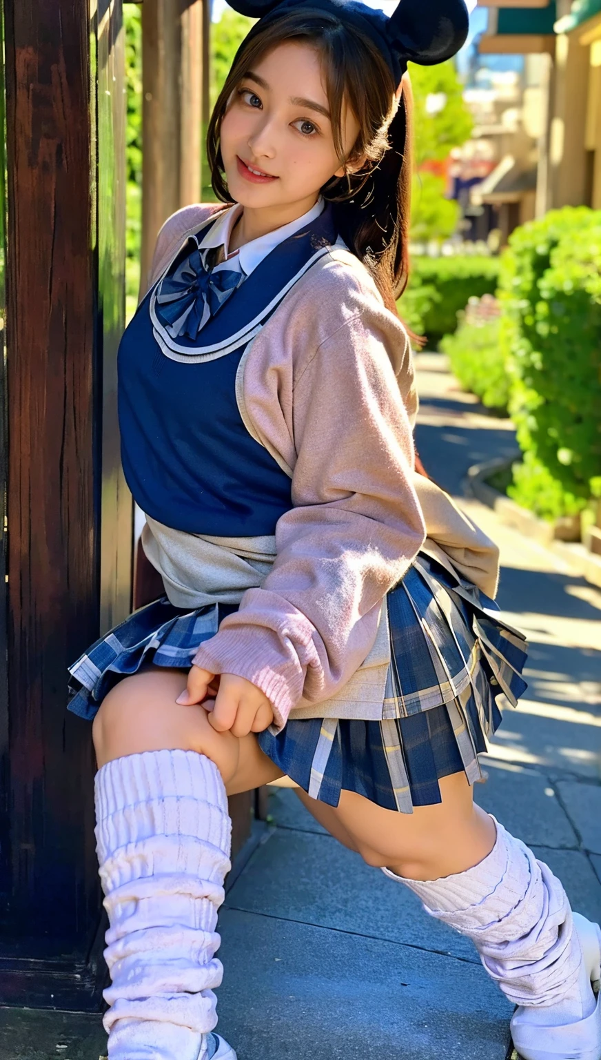 (photorealistic:1.4), (fullbody shot), best quality, masterpiece, raw 32k photo, (extremely detailed japanese beautiful girl), (extremely detailed eyes:1.2),(baby face), (cute face:1.2), ultra-detailed, ultra high res, amazing, BREAK,standing,
(school uniform:1.5),detailed school girl, (disneyland:1.4), beautiful detailed girl, bangs, cute face, miniskirt,(baggysocks)