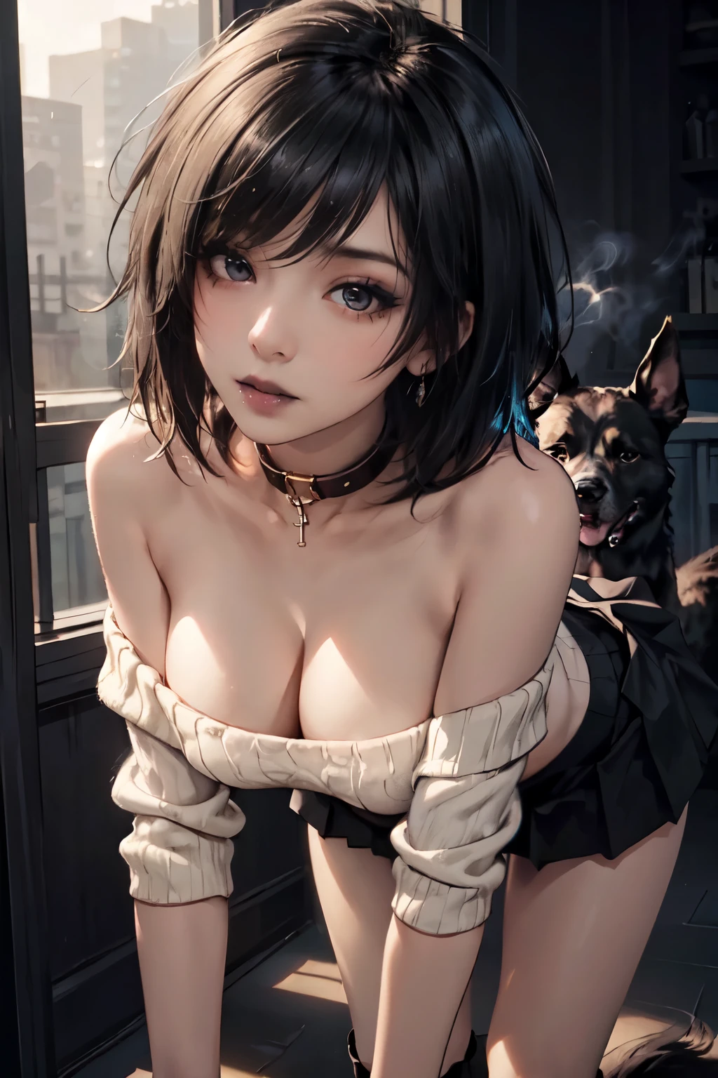 Girl, woman, emo_hairstyle, black lipstick, dog collar, eyeliner, eye shadow, smoky eyes, realistic lighting, short hair, cleavage, sweater, standing up, off shoulder, strapless, shiny skin, all fours, arched back, big breast, short skirt.