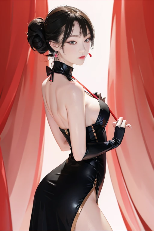 tsuruta ichiro, Narrow-eyed, 1girl in, Allback、deadpan、short-hair、shorth hair、brow、Reluctance、A dark-haired、Tucked Hair Solo, Cowgirl, Onepiece, ((mideum breasts)), Thin slit eyes、Black eyes, Light shines on the eyes、Black hair, gloves, Dress, Luxurious Jewelry, earrings, sharp eye、 elbow groves,Raise your hands and tie your hair back, random color, random color dress, Makeup for long eyes, Slender eyes、lip stick, Complex petal pattern, Rim Light, Back Light, pastel color,Studio Lighting