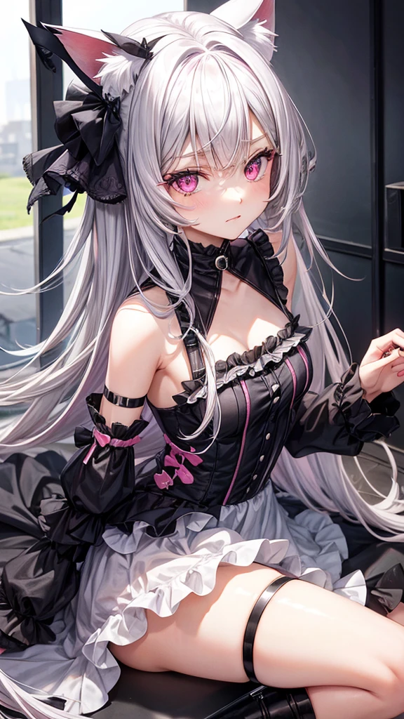 dress, pink eyes, silver hair, cat ears, sexy