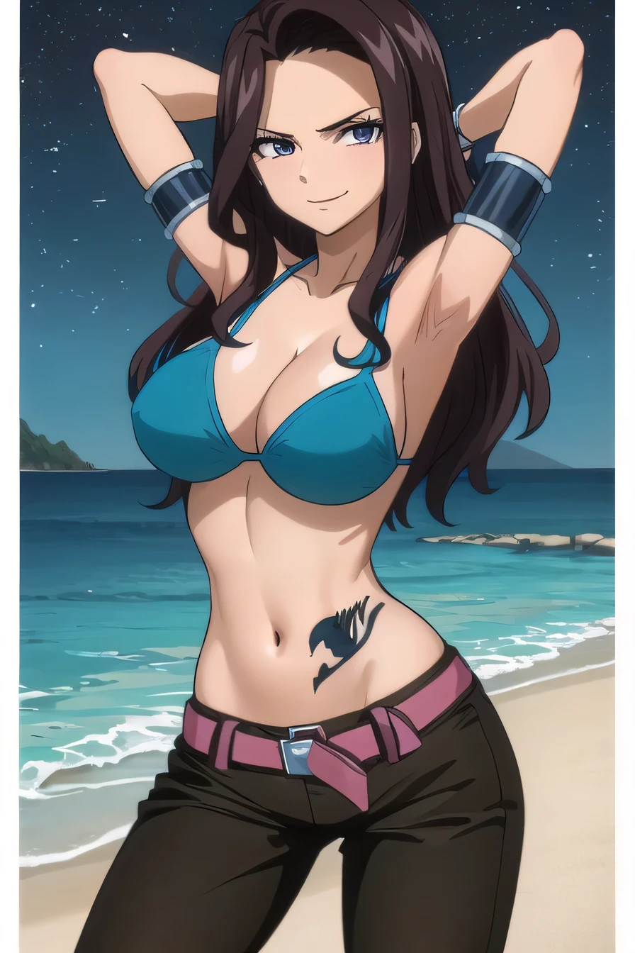  canaalberona, masterpiece, extremely detailed CG unity 8k wallpaper,  blue bikini, bikini top only, pants, belt, armlet, bracelet, tattoo, high quality, solo, night sky, beach, arms behind head, contrapposto, closed mouth, spread armpits, (cowboy shot:1.5), looking at viewer, smile, best quality,