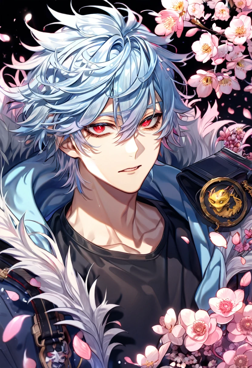 Ultra detailed, highres, absurdres, HDR, master piece, Kuro, messy hair, light blue hair, expressive red eyes, black bags under the eyes, Servamp, fantasy, pink petals, water, pink flowers, handsome, ???? man, solo, best quality, blossoms, blue shining fireflies, black shirt, a hooded light blue jacket with fur, 