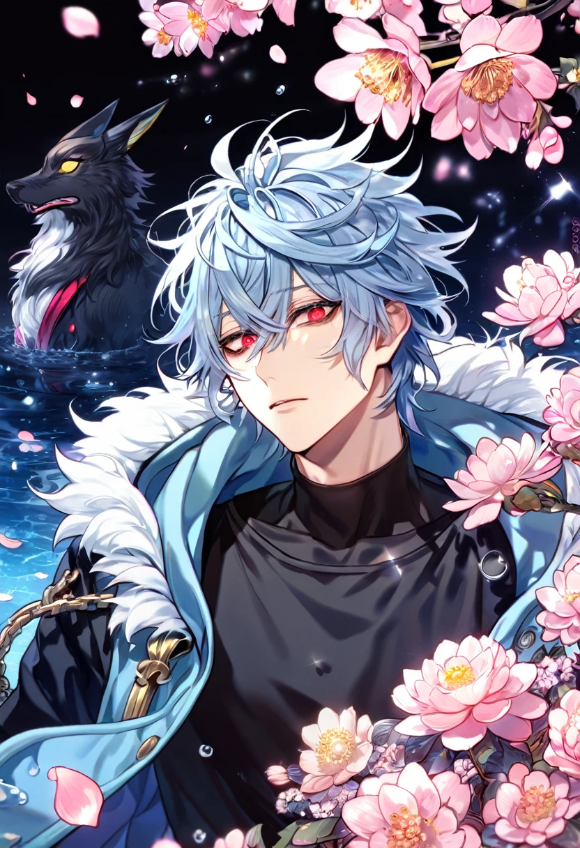 Ultra detailed, highres, absurdres, HDR, master piece, Kuro, messy hair, light blue hair, expressive red eyes, black bags under the eyes, Servamp, fantasy, pink petals, water, pink flowers, handsome, sexy man, solo, best quality, blossoms, blue shining fireflies, black shirt, a hooded light blue jacket with fur,