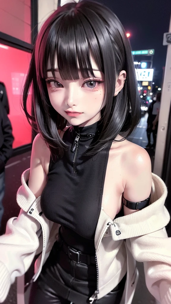 (Safety Sensor、sfw:1.8, Approved as safe、Can be viewed:1.8),masterpiece、masterpiece、highest quality、highest quality、Accurate the human body、Lighting to suit the mood、Accurate、Elaborate、masterpiece、Exquisite facial detail、Detailed Background、Background Blur、Detailed and beautiful background、Accurate 5-finger、Accurate human body、The perfect human body、
break、
(Straight long Black hair、Heavy bangs、White skin、Super big boobs:1.5、nightlife:1.8, night:1.6, Dim lighting:1.8, jirai girl:1.5, jirai makeup:1.2), Open Doorway:1.8、 Side zip off-the-shoulder sweater、No underwear:1.5,Vulgar Grin:1.8, Mesgaquismiles:1.8、Sexually provocative girl:1.8、Downtown at night、Big city、A street corner in the red light district at night、crowd:1.8