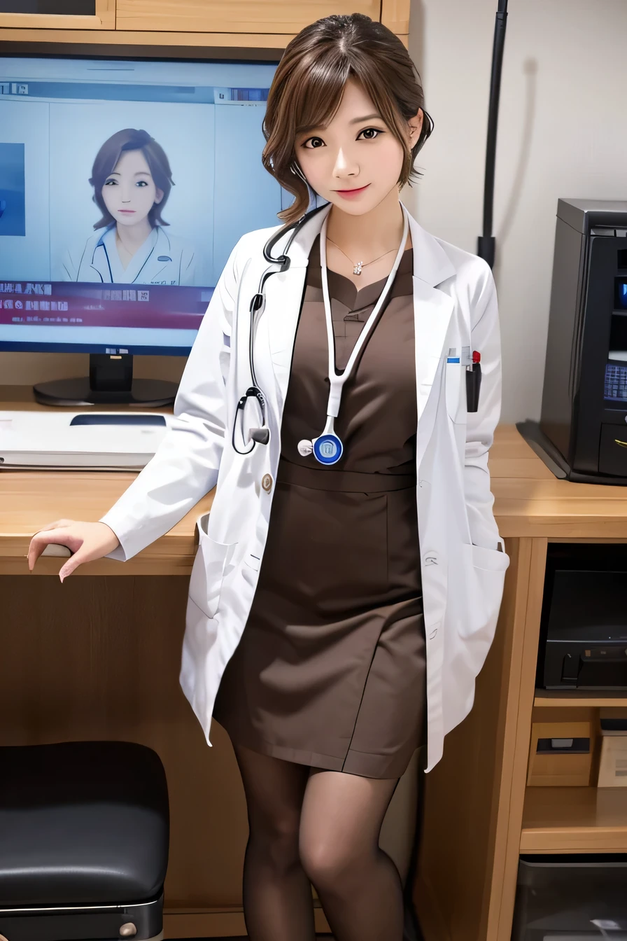 young woman、 Japanese women、Light brown hair、(Full body photo)、Necklace around the neck、Doctor's attire、Knee-length skirt、tights、pumps、(Full body photo)Stethoscope、、short hair、Wavy Hair、sit in a chair in the operating room、Intricate details, Very detailed:1.2), 、(Full body photo) Looking into the camera,The background is the operating room...、ear piercing
