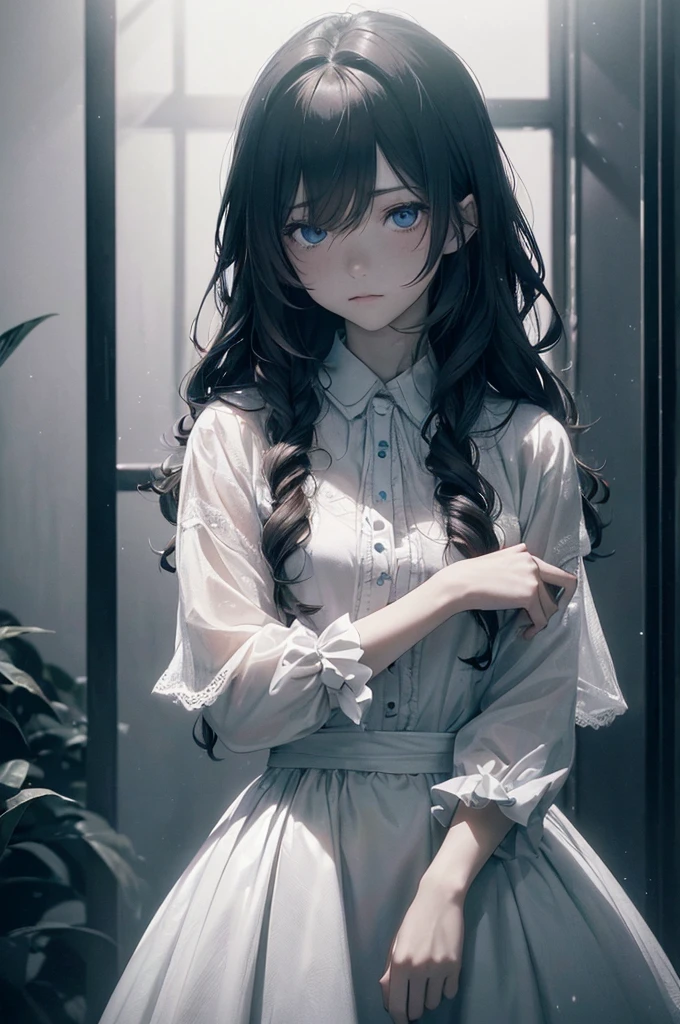 ((1 Female, 1 person, Solitary) Alice, Humanity, Long curly blond hair, blue eyes, freckle, ager, 18 years, Rebirth_ongoing) (Main Part, Super detailed, 8K, (HD, Sunlight:0.5, Soft_shadow:0.5, atmosphere_light, 8K, 4K, Surrealism, elegant, ((((Appearance)))), Soft Ton, 柔和的light))(((Dark, Chiaroscuro)))
