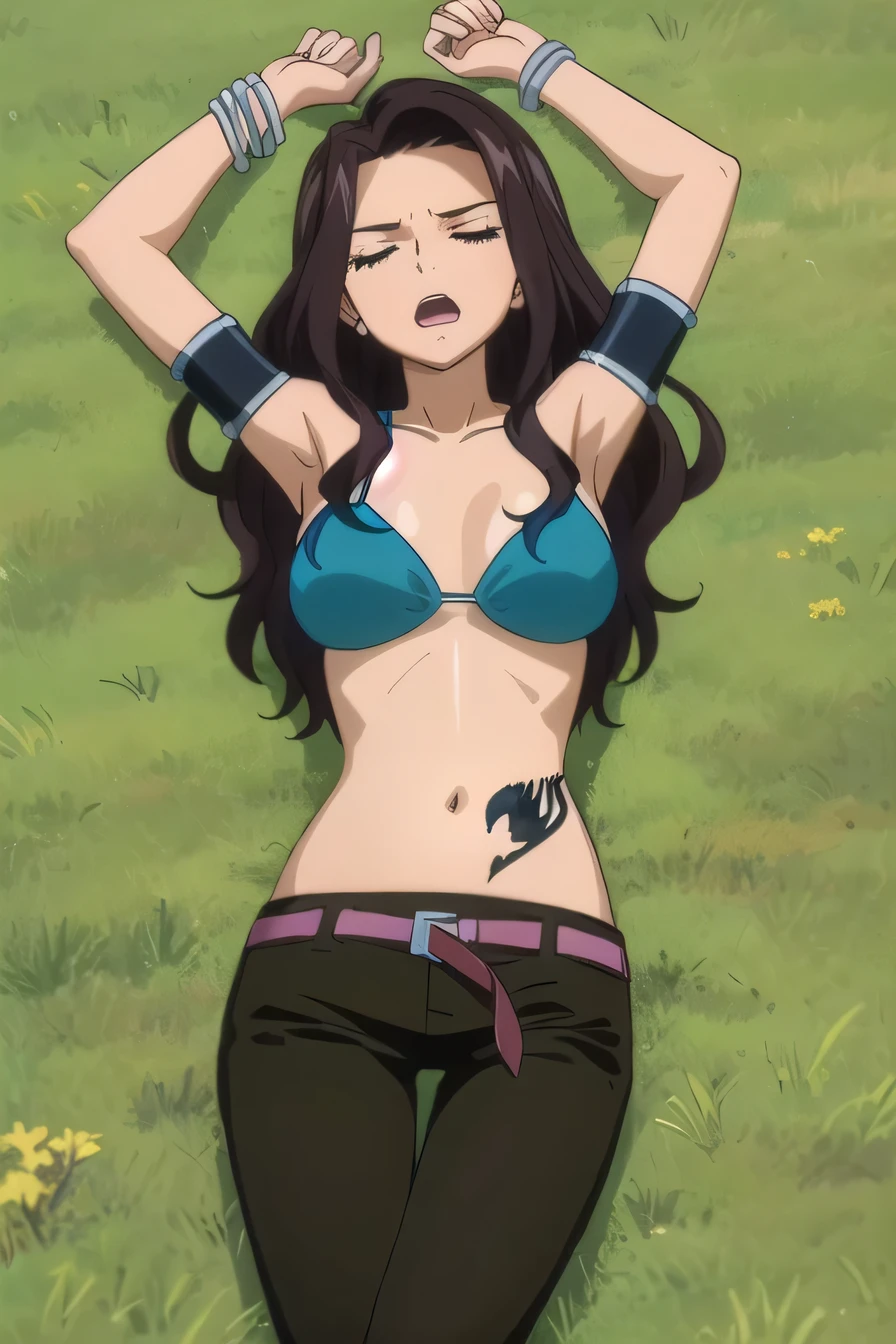  canaalberona, masterpiece, extremely detailed CG unity 8k wallpaper,  blue bikini, bikini top only, pants, belt, armlet, bracelet, tattoo, high quality, solo, lying, on back, closed mouth, on grass, arms up, spread arms,  (cowboy shot:1.5), looking at viewer, sleeping, open mouth, best quality,