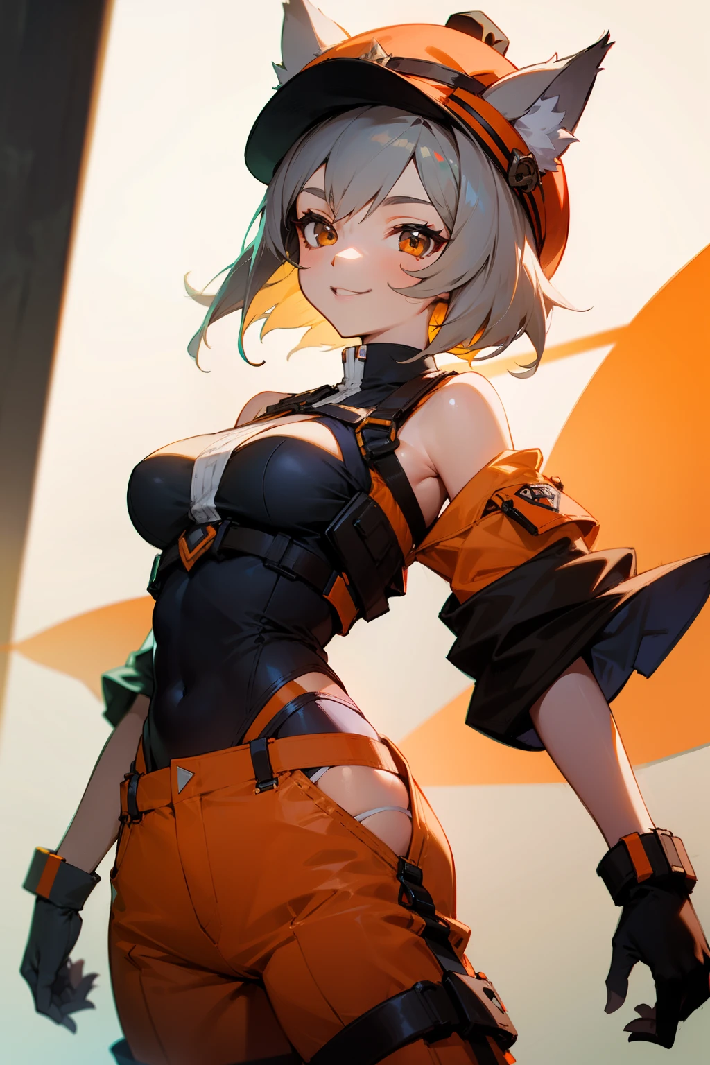 Girl, wolf ears, evil smile, short gray hair, brown eyes, small light green hat, orange pants: Short pants with straps, rises to the shoulders, contains orange straps that extend from the front to the shoulders, large breasts