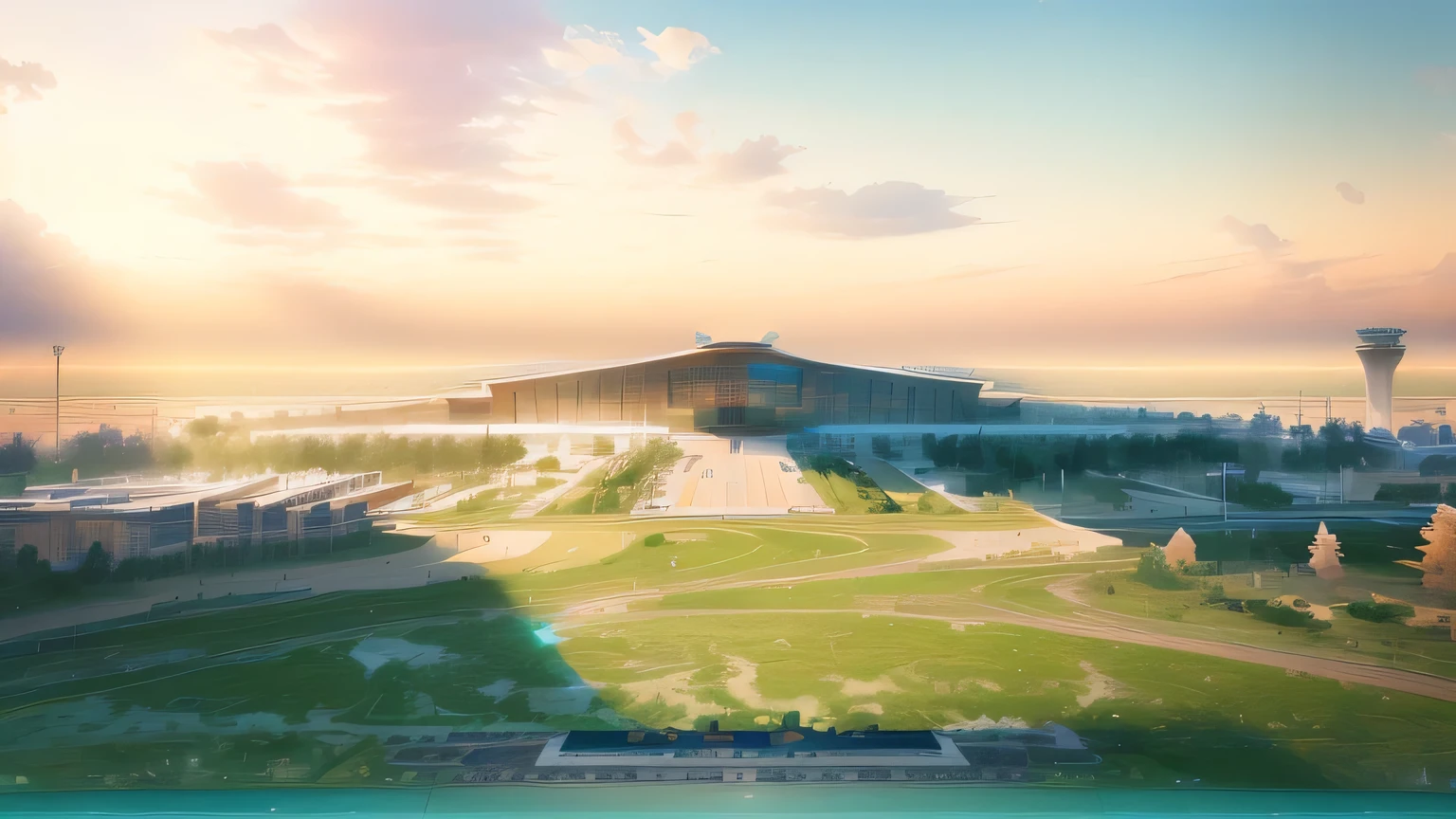 Modern city buildings，A huge airport building，There is a large lawn in front，Holographic projection,Line Illustration,New Gongbi,Illustration style,Luis Royo（Luis Royo）Artworks，Airport scene，Building reference drawing，Texture Matte，Soft light color，artistic conception ink painting，Wang Ximeng，artistic conception，It was，Dunhuang tones