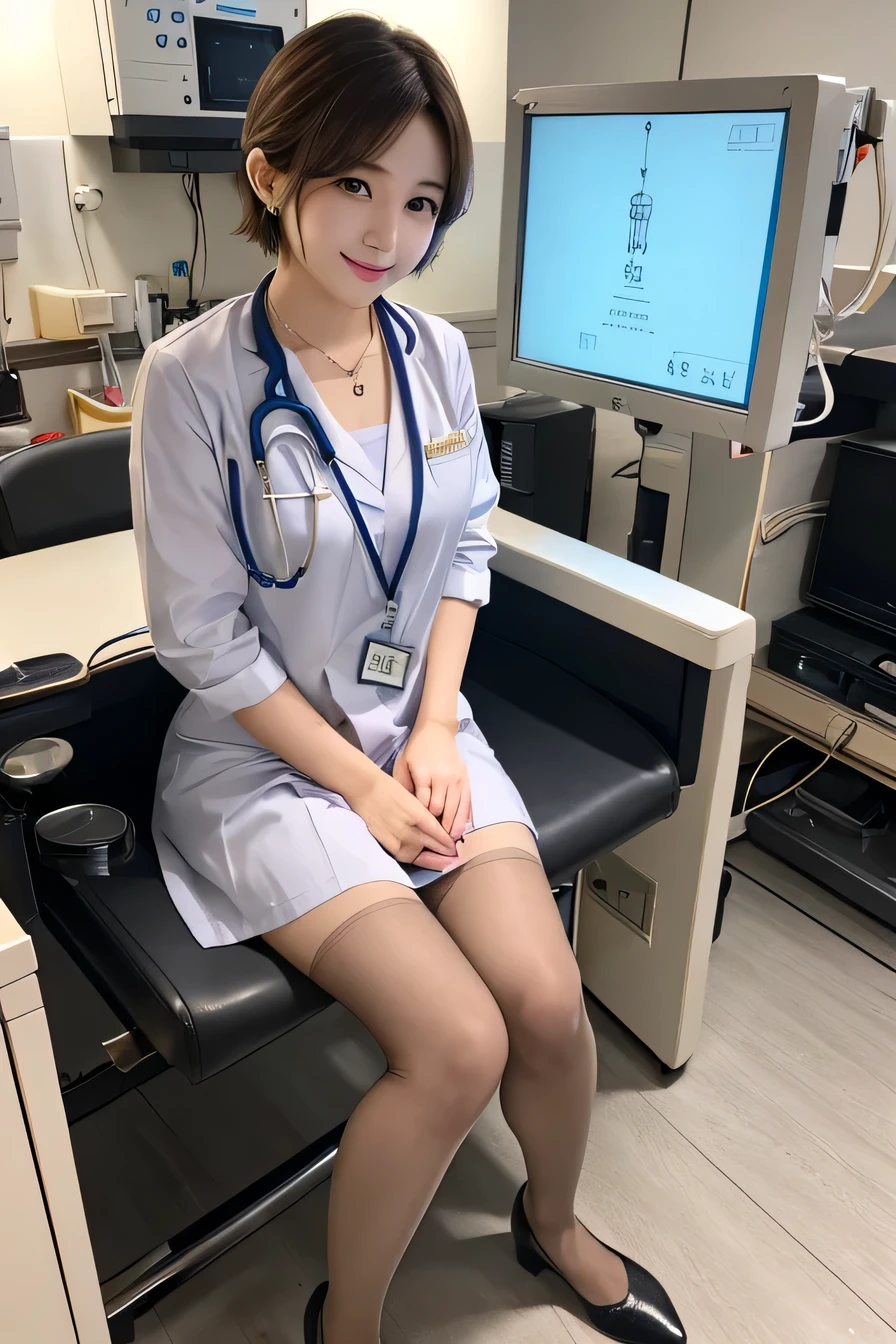 young woman、 Japanese women、Light brown hair、（Full body photo）、Necklace around the neck、Doctor's attire、Knee-length skirt、tights、pumps、（Full body photo）Stethoscope、、short hair、Wavy Hair、sit in a chair in the operating room、Intricate details, Very detailed:1.2), 、（Full body photo） Looking into the camera,The background is the operating room...、ear piercing

