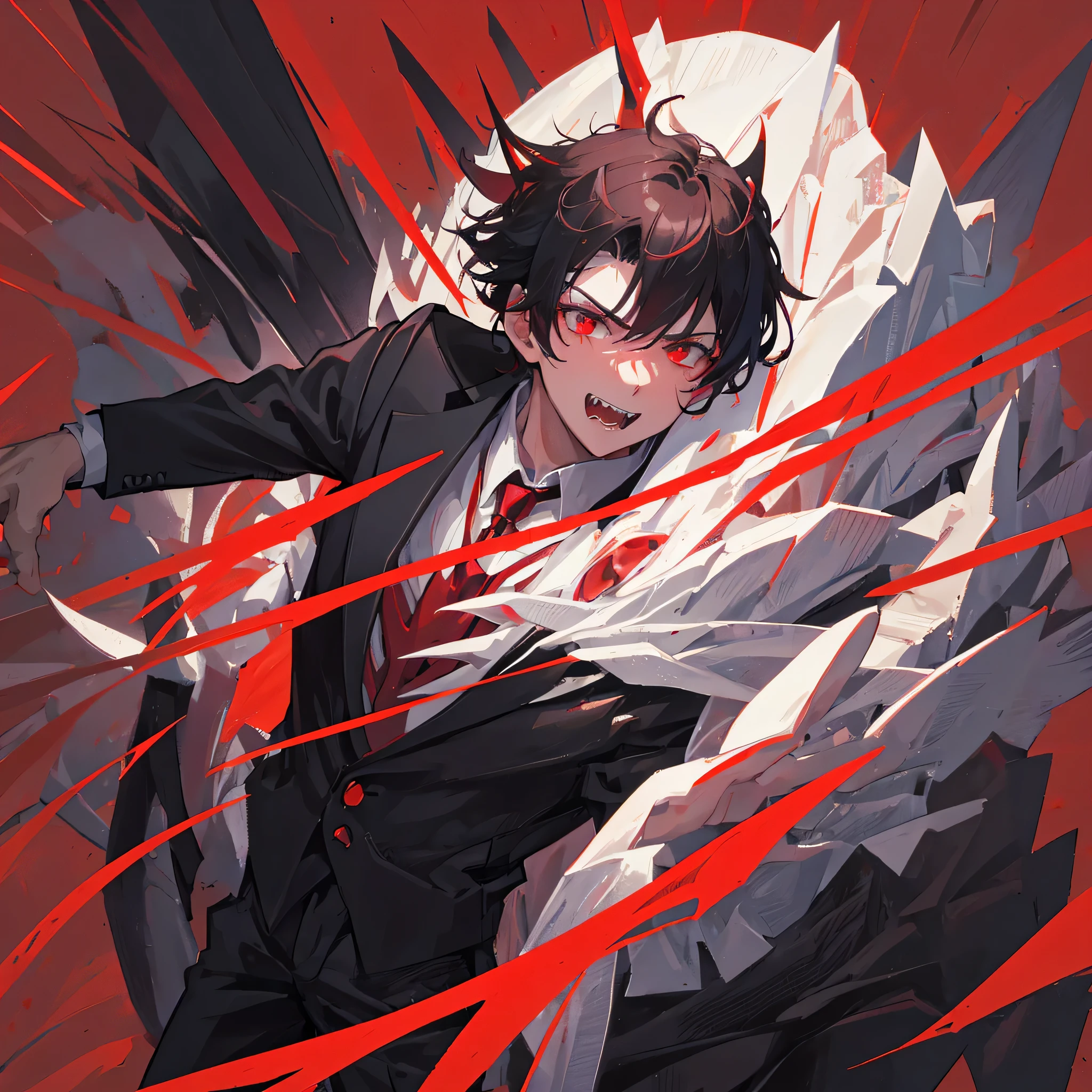 A vampire male,Sharp tiger teeth,Red eyes,Black short hair,Wearing a tuxedo,((Pure red background))