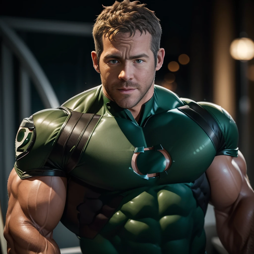 An award-winning original photo,A muscular man, (Ryan Reynolds 40 years old daddy:1.3), 1 man , Solo, (wearing a (green lantern) costume), black hair, (big shoulder musculature, stubbles, Short beard, Beautiful eyes:1.3, ), (Detailed face:1.3), wearing a mask, smiles, Dynamic Angle, volumetric lighting, (Best quality, A high resolution, Photorealistic), Cinematic lighting, Masterpiece, RAW photo, Intricate details, hdr, depth of field, in action