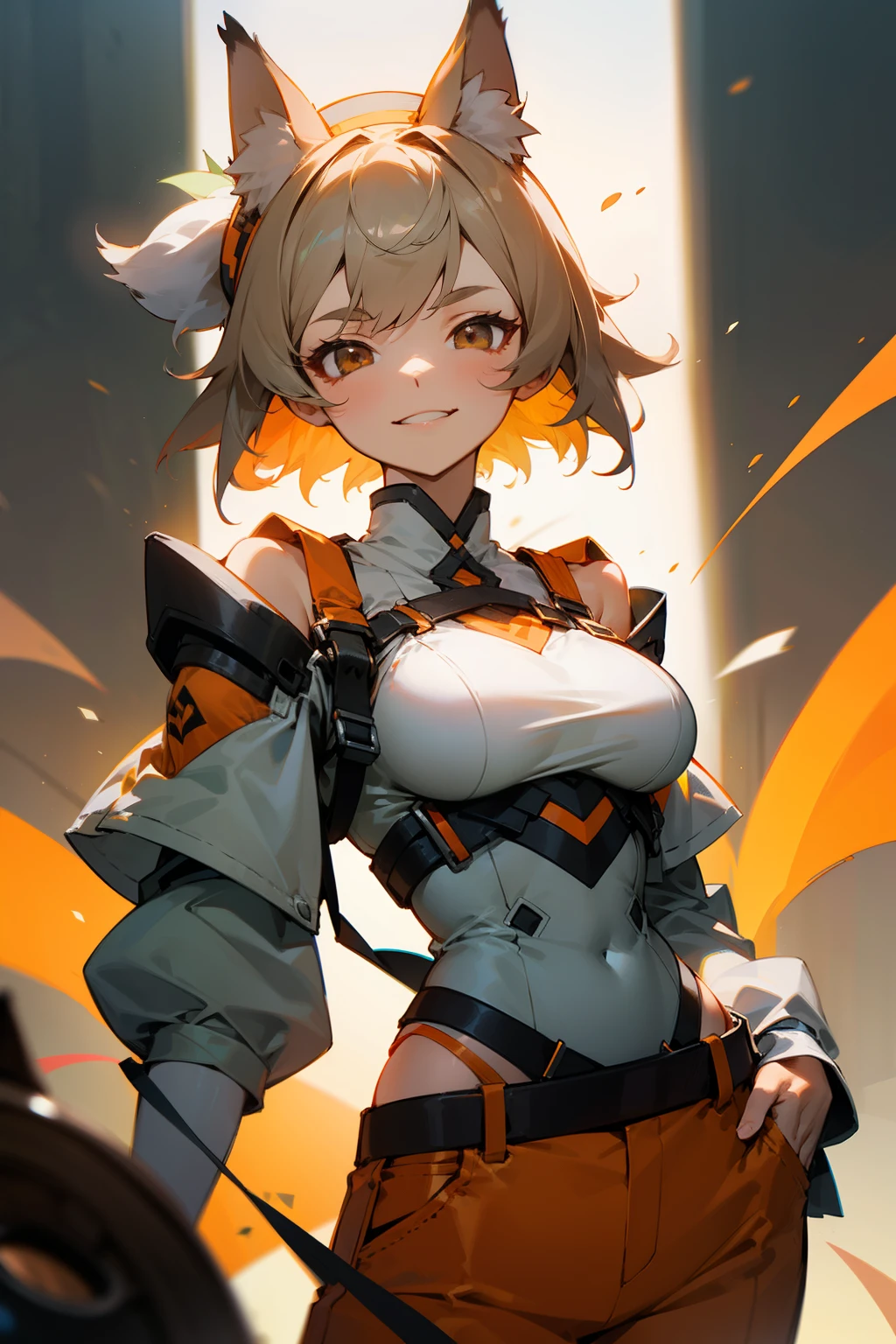 Girl, wolf ears, evil smile, short gray hair, brown eyes, small light green hat, orange pants: Short pants with straps, rises to the shoulders, contains orange straps that extend from the front to the shoulders, large breasts