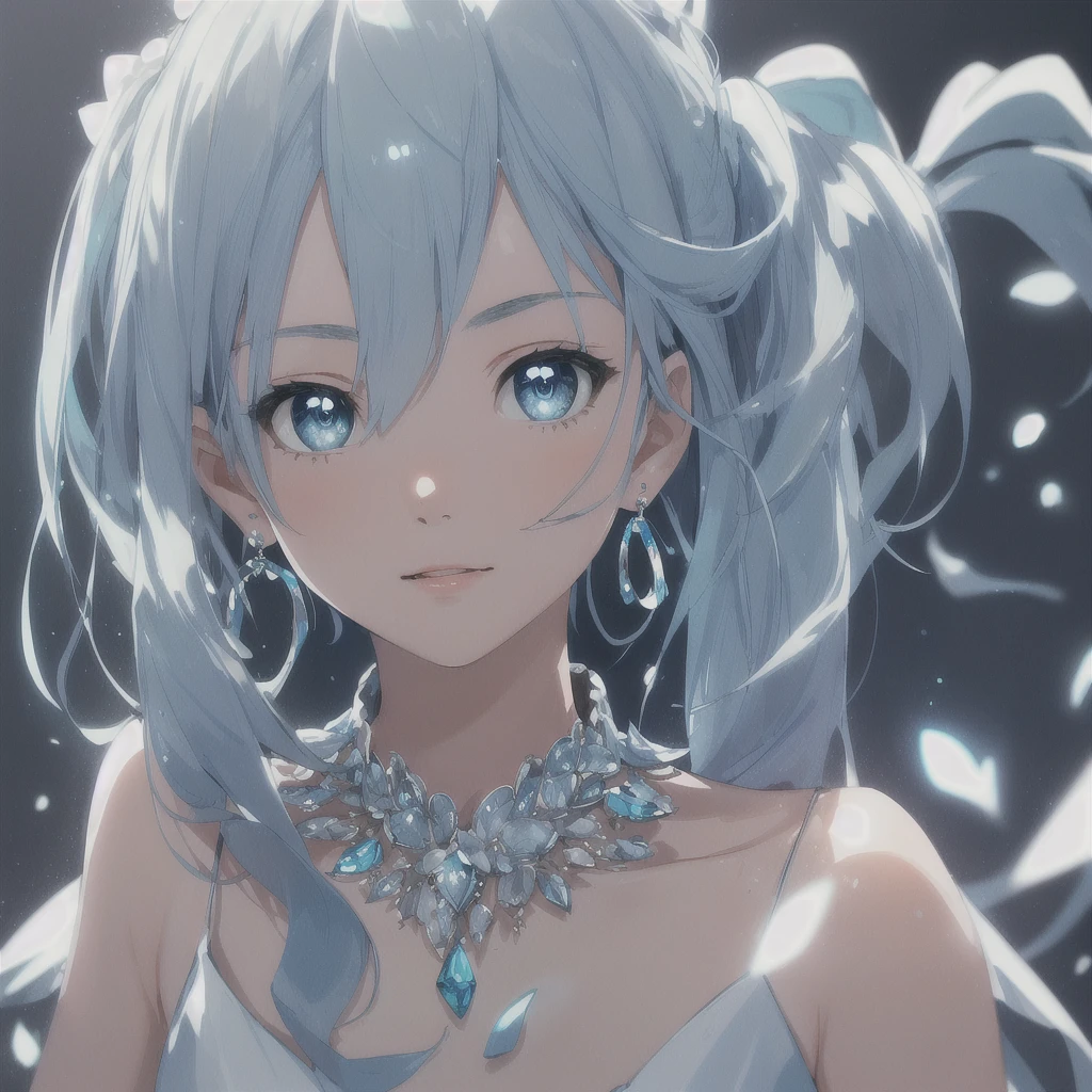 masterpiece, best quality, illustration, sax blue, platinum earrings, platinum necklace, white dress, 1girl, cute, (dynamic lighting:1.2), cinematic lighting, delicate facial features, detailed eyes, sharp pupils, realistic pupils, depth of field, bokeh, sharp focus, (hyper-detailed, bloom, glow:1.4), many small gems, hatsune miku