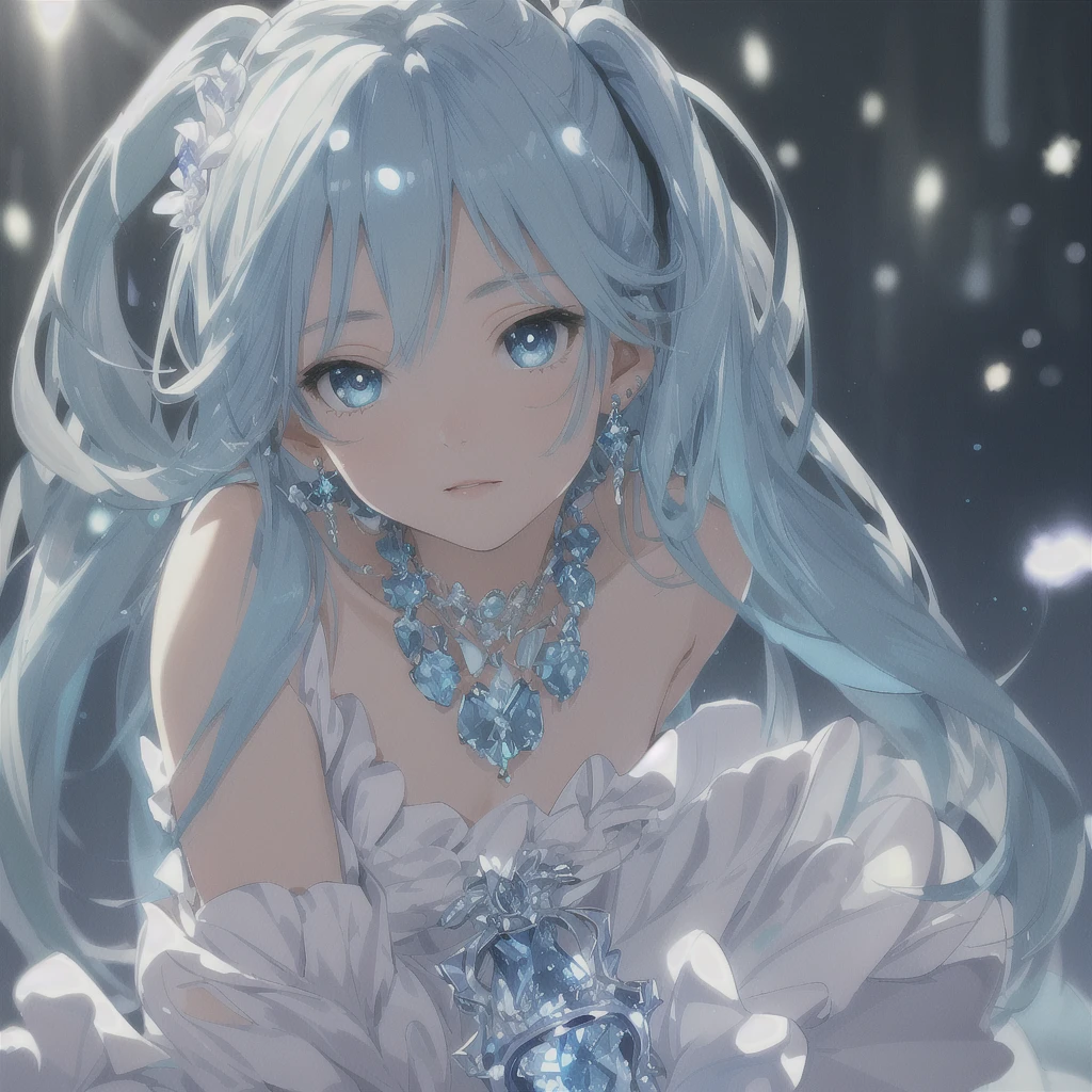 masterpiece, best quality, illustration, sax blue, platinum earrings, platinum necklace, white dress, 1girl, cute, (dynamic lighting:1.2), cinematic lighting, delicate facial features, detailed eyes, sharp pupils, realistic pupils, depth of field, bokeh, sharp focus, (hyper-detailed, bloom, glow:1.4), many small gems, hatsune miku