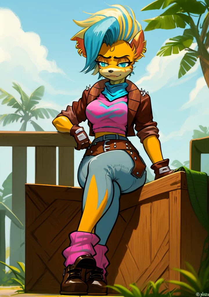 female furry anthro piratetawna,(best quality, masterpiece:1),blue eyes,small nose,medium breasts,fully clothed,spiked jacket,pink shirt,jeans,loose belt,blue scarf,fingerless gloves,leg strap,leg warmers,sitting,wooden box,(outdoors jungle beach background:1.1),crossed legs,detailed face,shoe,as The Simpson Character style cartoon 