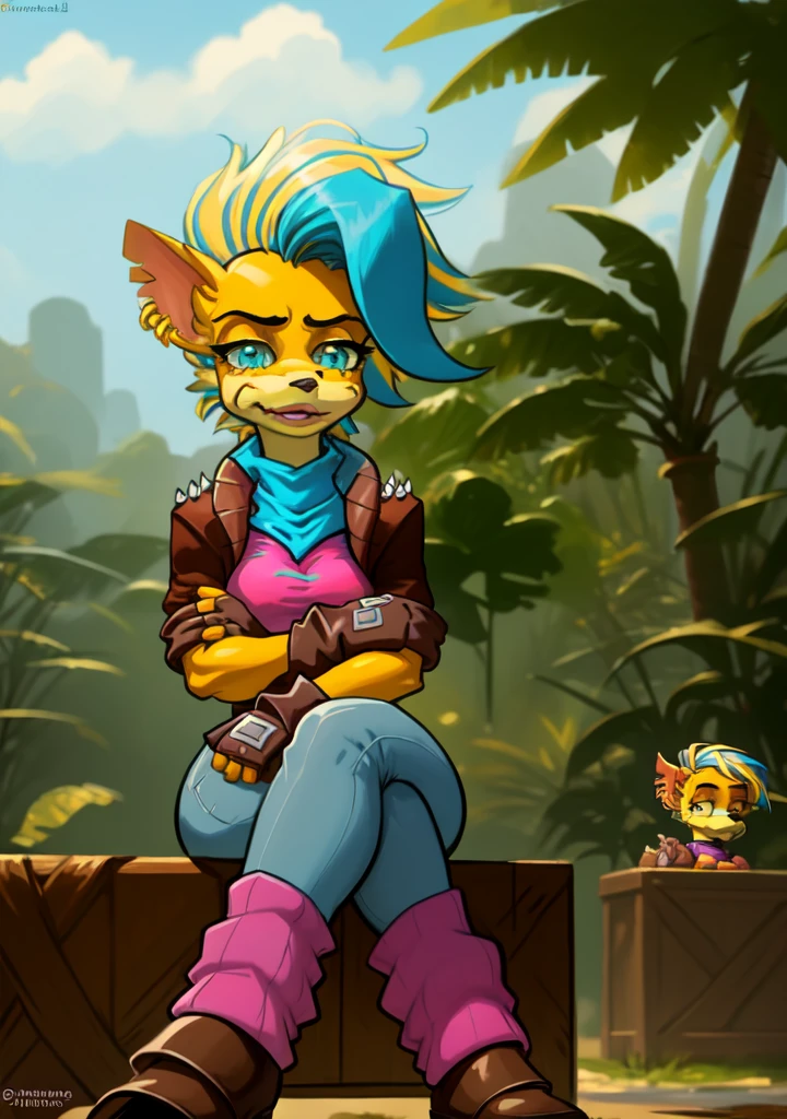 female furry anthro piratetawna,(best quality, masterpiece:1),blue eyes,small nose,medium breasts,fully clothed,spiked jacket,pink shirt,jeans,loose belt,blue scarf,fingerless gloves,leg strap,leg warmers,sitting,wooden box,(outdoors jungle beach background:1.1),crossed legs,detailed face,shoe,as The Simpson Character style cartoon 