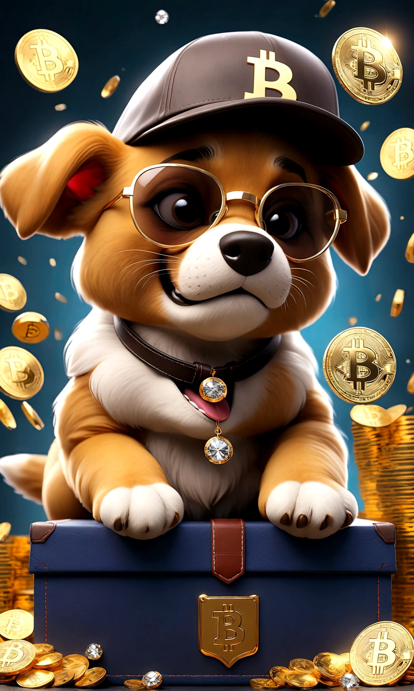 ,Cute puppy、Bitcoin、Cryptocurrency、rich、sunglasses、hat、hatのロゴに「D」It says in large letters:、Dynamic Jumps、Real、photograph、8K、cigar(((Too big diamond 1：9)))、Riding on a big diamond、Gold bars covering the entire wall、Jewels overflowing from a treasure chest(((D mark)))