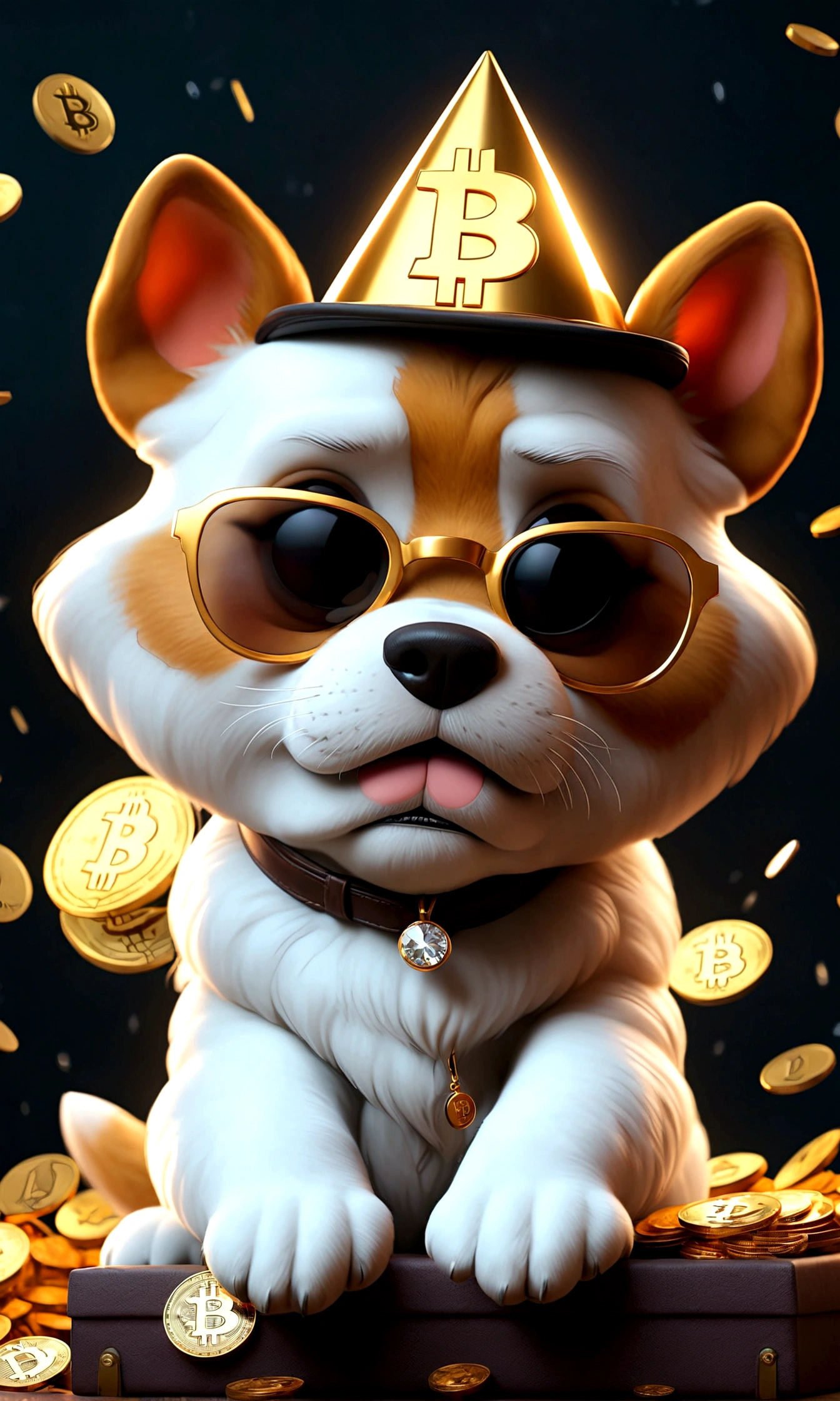 ,Cute puppy、Bitcoin、Cryptocurrency、rich、sunglasses、hat、hatのロゴに「D」It says in large letters:、Dynamic Jumps、Real、photograph、8K、cigar(((Too big diamond 1：9)))、Riding on a big diamond、Gold bars covering the entire wall、Jewels overflowing from a treasure chest(((D mark)))