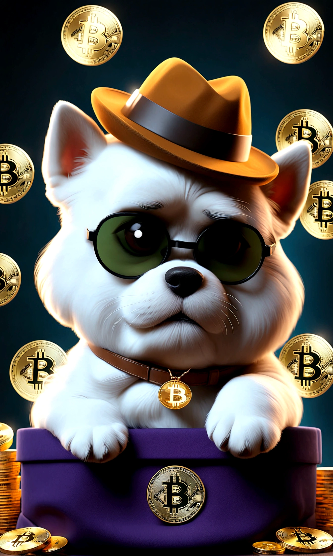 ,Cute puppy、Bitcoin、Cryptocurrency、rich、sunglasses、hat、hatのロゴに「D」It says in large letters:、Dynamic Jumps、Real、photograph、8K、cigar(((Too big diamond 1:9)))、Riding on a big diamond、Gold bars covering the entire wall、Jewels overflowing from a treasure chest(((D mark)))