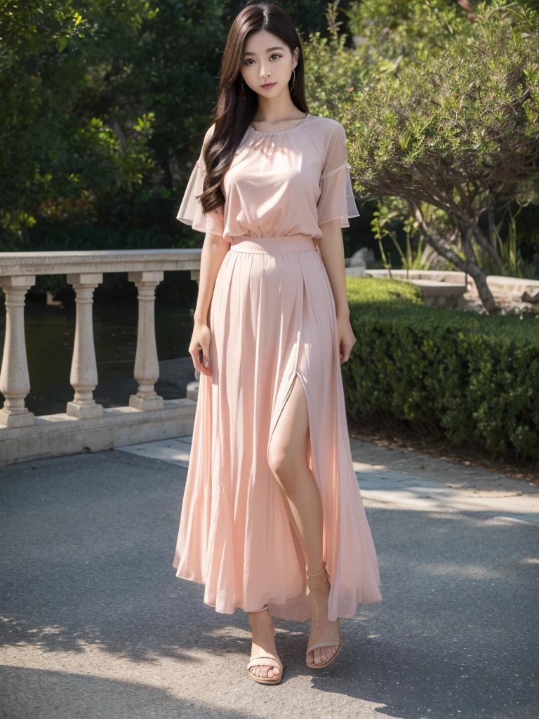 Salmon pink maxi skirt  、Sheer blouse、(Highest quality)、((Very detailed))、4K、(8K)、masterpiece、Very detailedな、Highest quality、Super Resolution、1 person、Kind Face、Soft Light、RAW quality、Soft Skin、Sandals、163cm、squirt:2