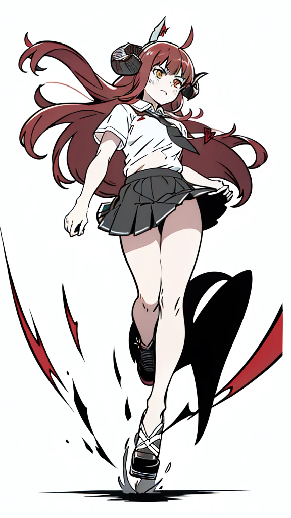 1girl ,20s,angry face,red hair,long hair,(white background, line drawing),horns,full body,running,white shirt,black tie,black school skirt