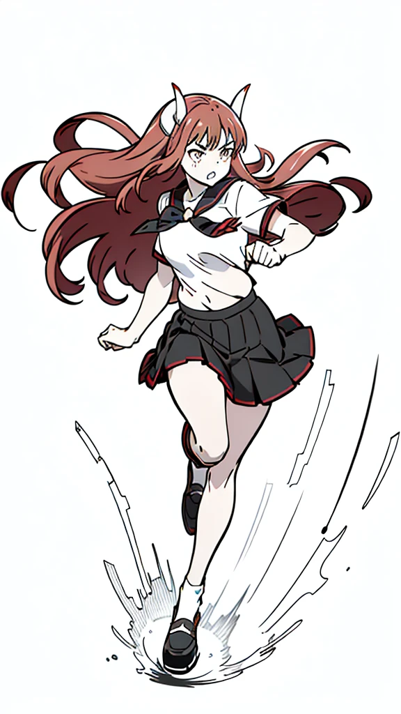 1girl ,20s,angry face,red hair,long hair,(white background, line drawing),horns,full body,running,white shirt,black tie,black school skirt