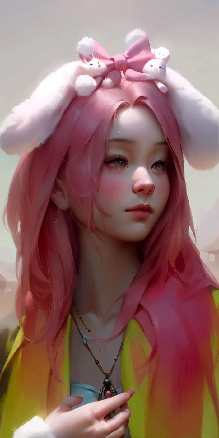 Girl dressed as arafly with pink hair and bunny ear., guweiz, artwork in the style of guweiz, realist anime style at pixiv, ultrarealist sweet bunny girl, kawaii realist portrait, inspired by Yanjun Cheng, hyper realist anime, realist. ChengYi, anime realism style, painted in anime painter's studio, Inspired by Russell Dongjun Lu
