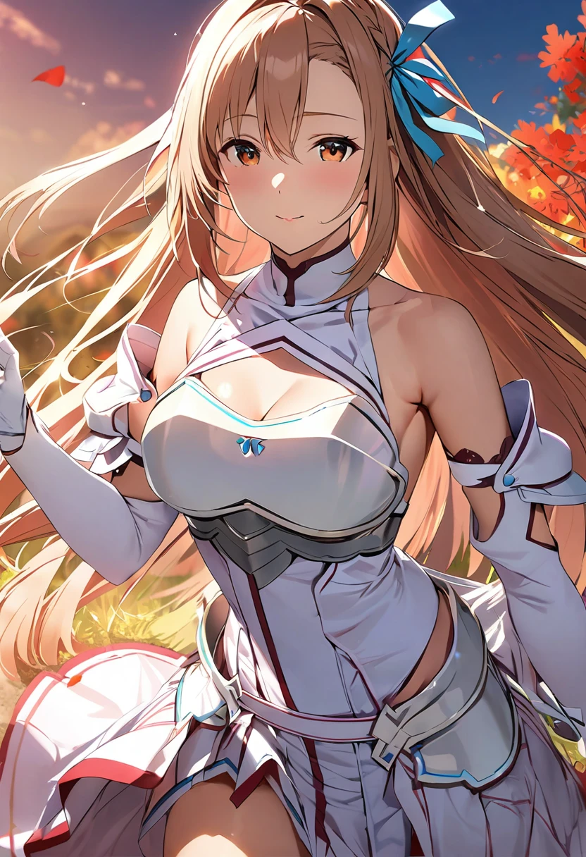 ((masterpiece)), Highest quality, Very detailed,(One Girl),Yuki Asuna、Asuna (stay), brown eyes, bare shoulders, breastplate, armor, detached sleeves, gloves, white gloves, (red and white dress), Long Hair, Beautiful background ,Clothing,  chest, (((aroused))), (((in heat))), animated painting