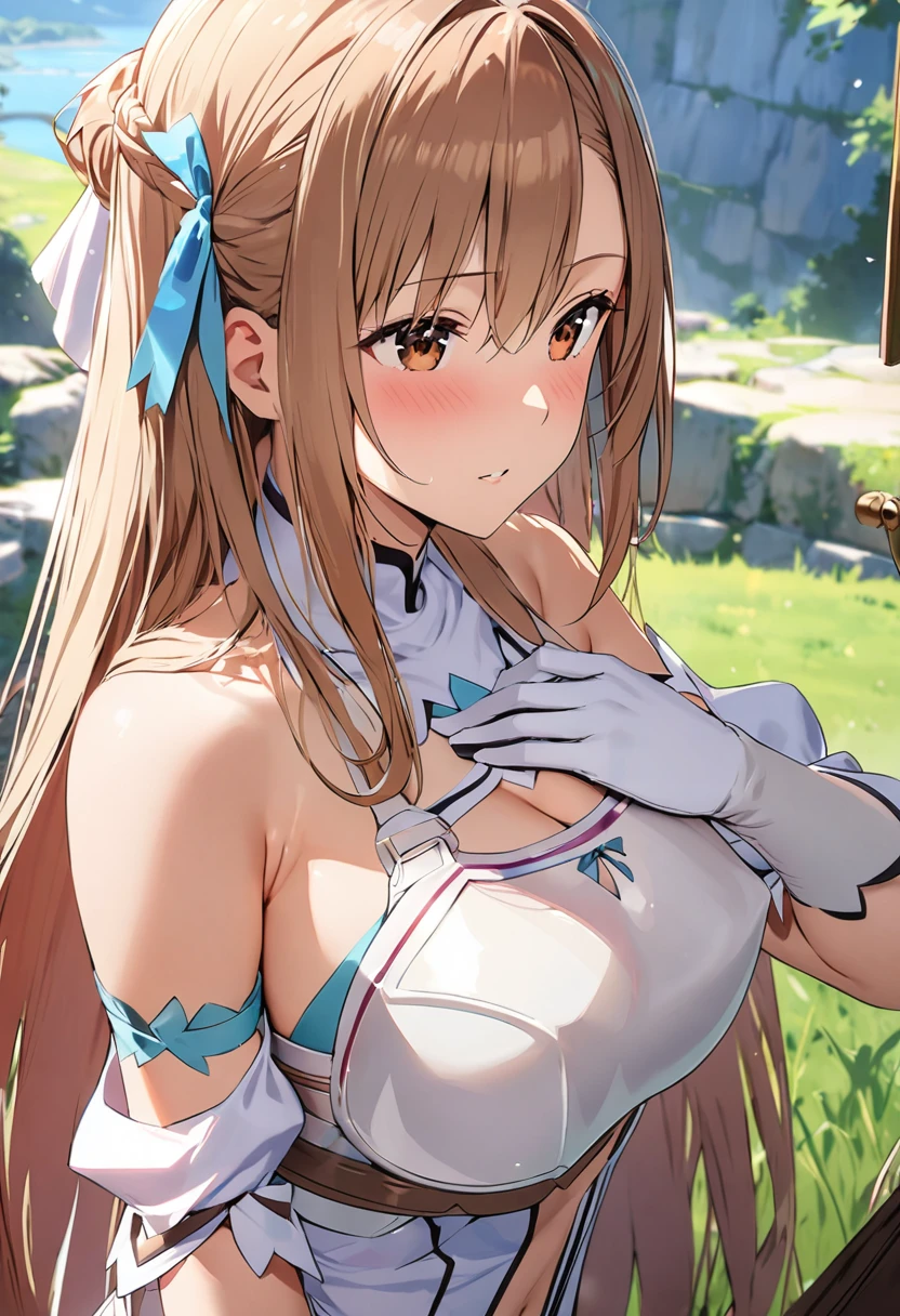 ((masterpiece)), Highest quality, Very detailed,(One Girl),Yuki Asuna、Asuna (stay), brown eyes, bare shoulders, breastplate, armor, detached sleeves, gloves, white gloves, (red and white dress), Long Hair, Beautiful background ,Clothing, chest, (((aroused))), (((in heat))), animated painting