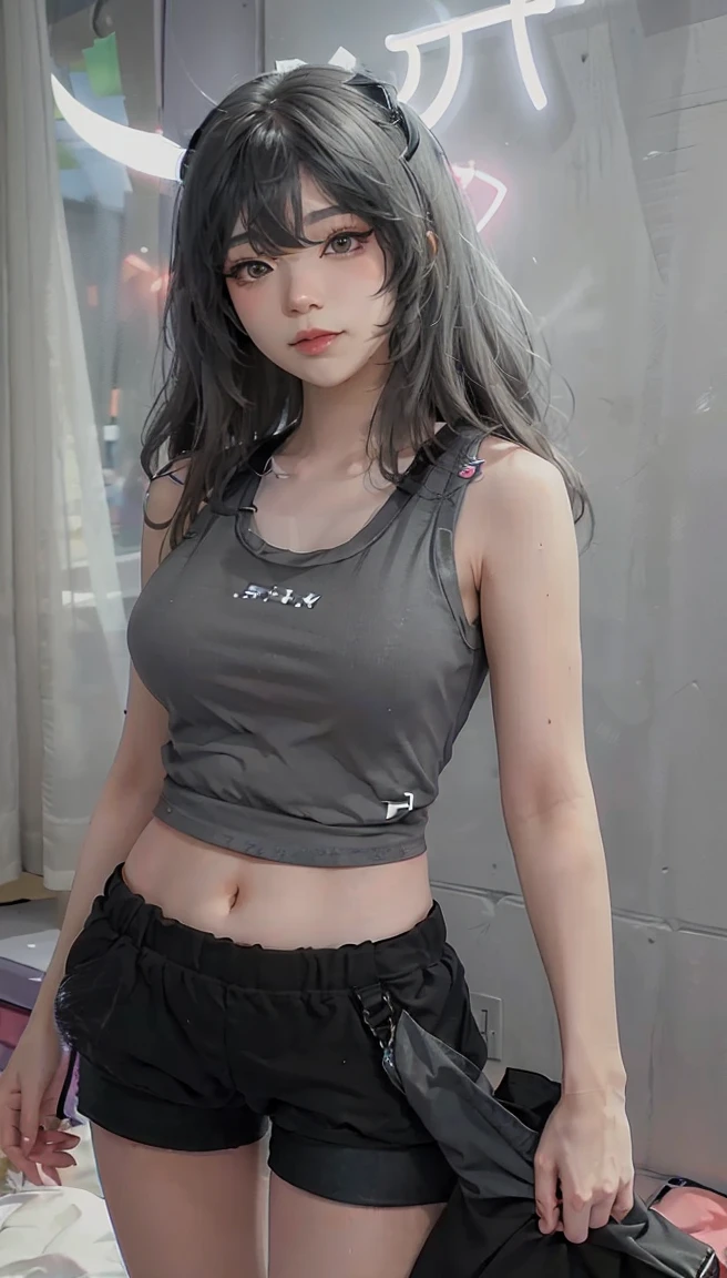 (1 girl:1.3)、Emiru, Twitch Streamer Emiru, solo、__body parts__、official art、unity 8k wallpaper、super detailed、Cosmetology and aestheticaster piece、best quality、fantastic atmosphere、calm color palette、feeling calm、soft shades, ((((grey tank top, black shorts))))、charisma spell、vignette、Duties of a nun、look at the camera，light smile，the biggest：1.4