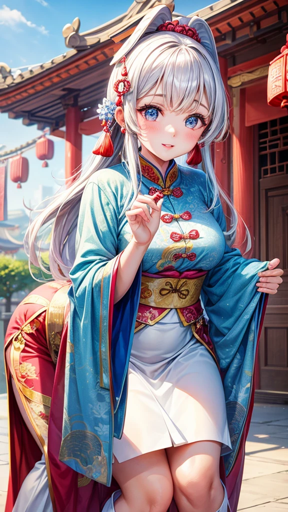 A woman with a cute face, sparkling eyes, plump lips, traditional Chinese clothing.