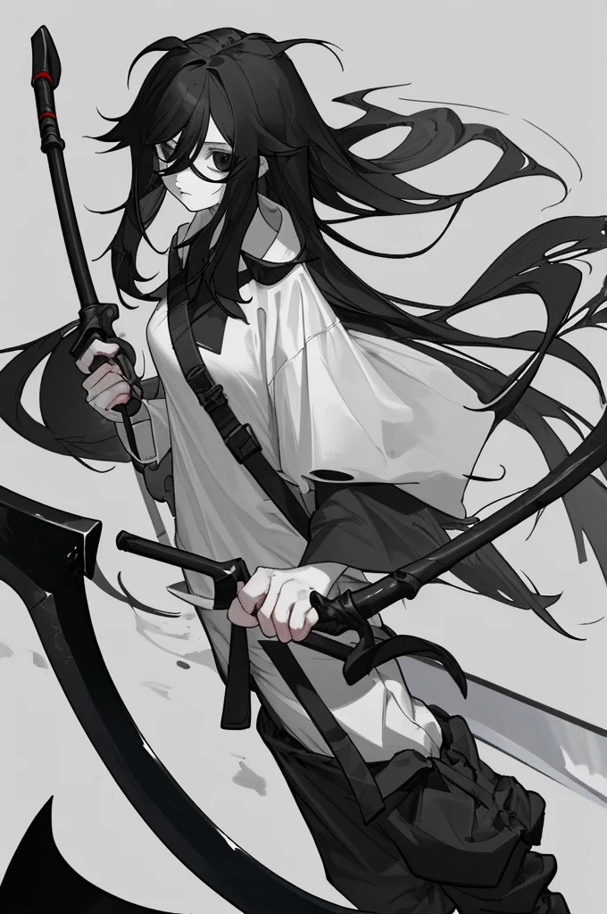 Girl, white skin, black hair, long hair, messy hair, black eyes, dark clotches, holding a scythe, shirt is short, wide and white whit a top black underneath, her pants is wide too, black with weapons around, She has slight dark circles under her eyes