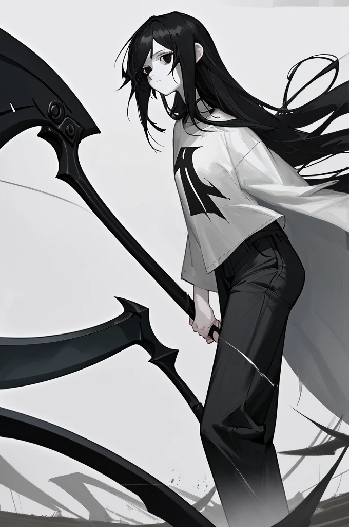 Girl, white skin, black hair, long hair, messy hair, black eyes, dark clotches, holding a scythe, shirt is short, wide and white whit a top black underneath, her pants is wide too, black with weapons around, She has slight dark circles under her eyes
