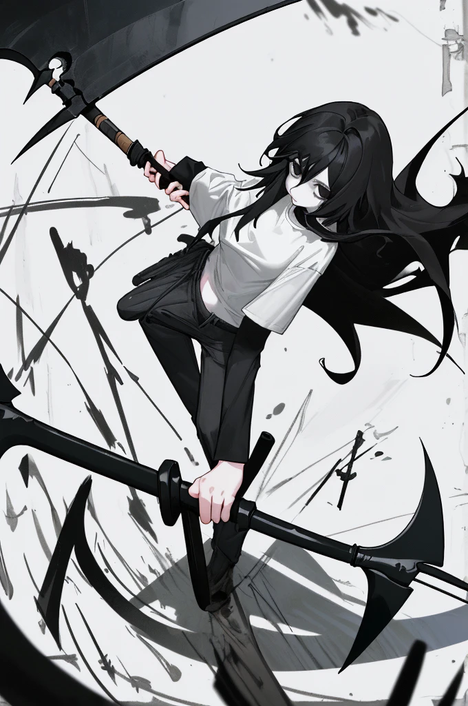 Girl, white skin, black hair, long hair, messy hair, black eyes, dark clotches, holding a scythe, shirt is short, wide and white whit a top black underneath, her pants is wide too, black with weapons around, She has slight dark circles under her eyes