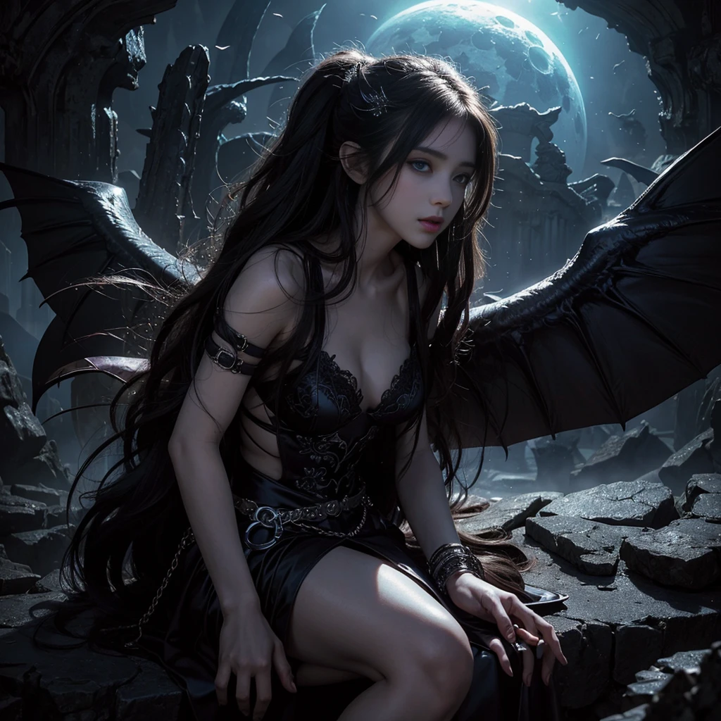 (Best illustrations)、Realistic、Ultra-detailed、Facing forward、Best lighting、Best Shadow、Seductive Succubus, Heavenly Beauty, Sit on the clouds, (Fantasy Illustration:1.3), Captivating Gaze, Seductive pose, Delicate Wings, The charm of another world, Mystical Sky, (Luis Royo:1.2), (Yoshitaka Amano:1.1), Dungeons and Dragon、cave、Dungeons、 Necromancer、night、Dark Style、Succubus、Devil&#39;s Daughter、Bat Wings，(((Devil&#39;s Horn-Rimmed Round Glasses))))、(Red eyes glow:1.6)、Beautiful expression、Tyndall effect、(Skin with attention to details:1.2) Absurd、Ponytail Distortion、gem、Beautiful expression、Tight waist、Wide ass、Tyndall effectmasuter piece、Highest quality、Highest standards、Best image quality、Tabletop、Intricate details、High resolution、Depth Field、Natural soft light、Professional Lighting、Great smile、(Skin with attention to detail: 1.2)、Photorealistic anime girl rendering、Strong eye highlights、Perfect Anatomy、Spread your legs、shy、Spread your legs、Panties are visible、Skirt flip、A shiny body with oiled erect nipples))、8K resolution、Complicated costumes、Intricate details
