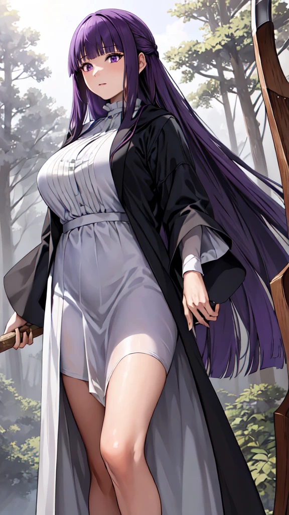 masterpiece, Highest quality, High resolution, Arfern, Long Hair, Purple Hair, Blunt bangs, Purple eyes, Large Breasts, Long dress, White Dress, Black Robe, Long sleeve, Are standing, holding staff, forest, Cowboy Shot,