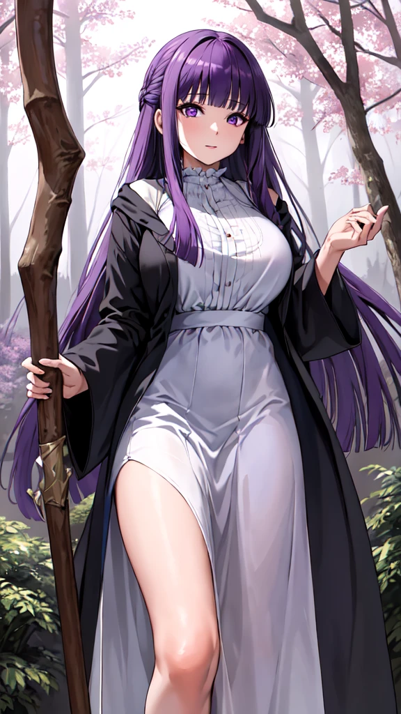 masterpiece, Highest quality, High resolution, Arfern, Long Hair, Purple Hair, Blunt bangs, Purple eyes, Large Breasts, Long dress, White Dress, Black Robe, Long sleeve, Are standing, holding staff, forest, Cowboy Shot,