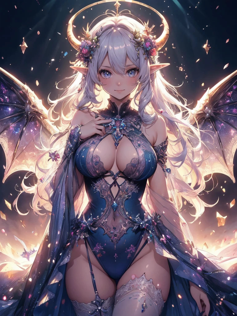 最高quality、1 woman elf、Succubus、、beautiful瞳、beautiful装飾のdress、最高quality , fractal art.Ice Throne、Ice Palace、　((smile、))((see-through  dress　))SMqueen、Orgasm、Ecstasy、Bigger on the front、 beautiful輝き,High-definition depiction, Realistic, 8K, Unity, beautiful太もも,,Giant Devil's Wings、虹colorに輝く翼、、 light smile, Beautifully and vividly drawn, , beautiful beautiful透き通る肌、輝くbeautiful装飾の魔法、Giant horns、  demon king、、beautiful装飾の角、 , beautiful、 Romanticism,mosquito。 混沌の最もbeautiful形, Mr..々color, Intertwined flowers, P article,Magical gentle light,smile,,image quality、masterpiece、beautiful顔、Super beautiful elf woman((Big breasted 22 year old office lady、Bust 100,Beautiful long ironed hair、Silver Hair、height: 165cm。、Esbian、、高quality、、Visual Arts、最high quality、1 woman elf NP: Worst quality ,beautiful fractal art　Marble pillar、、、light、Beautiful radiance,High-definition depiction, Realistic, 8K, Unity, , light smile, Beautifully and vividly drawn, , Beautiful, beautiful, clear skin、 ((see-through swim suit,))Countless rays of light pouring down, Swirling Light, big background, , Intense light is emitted from the magic circle in front of the girl. Romanticism,Cowboy Shot:  quality