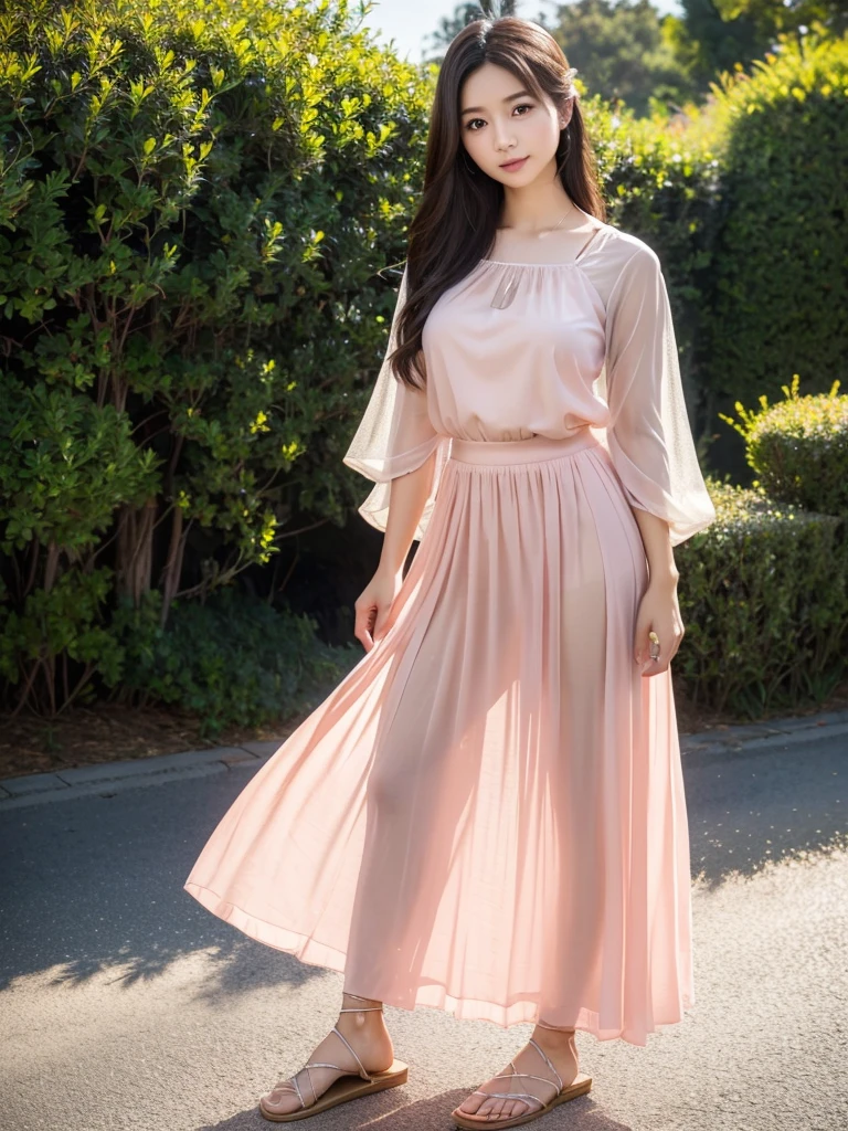 Salmon pink maxi skirt  、Sheer blouse、(Highest quality)、((Very detailed))、4K、(8K)、masterpiece、Very detailedな、Highest quality、Super Resolution、1 person、Kind Face、Soft Light、RAW quality、Soft Skin、Sandals、163cm、squirt:2