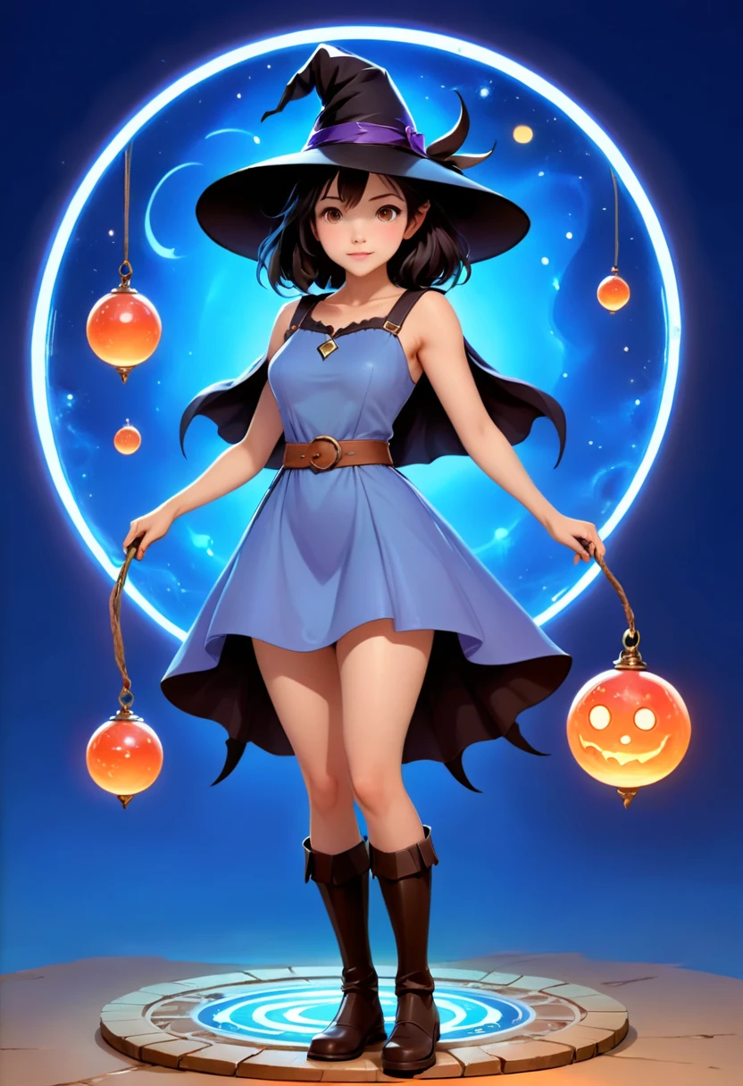 A beautiful witch in the style of Studio Ghibli, 1.55 tall, ************, with medium-length black hair, light brown eyes, fair skin, wearing a very short, transparent blue waist-length dress, black stockings and dark brown boots, a black and cinnamon cloak, a light brown handbag and a magic wand made of coral lizard. 8k image, ((highest quality)),(ultra high resolution),(Super detailed),(detailed description),((best GC)),(best artwork),super art precision,great drawing- art(Fantasy art with precise details:1.5),(witch:1.6),(and pretty cute shaped face:a 1.5),(Magic circle floating:1.6),dynamic pose:1.5,boots:1.3, magic circle, final fantasy XV style, 4K, super sexy, without panties