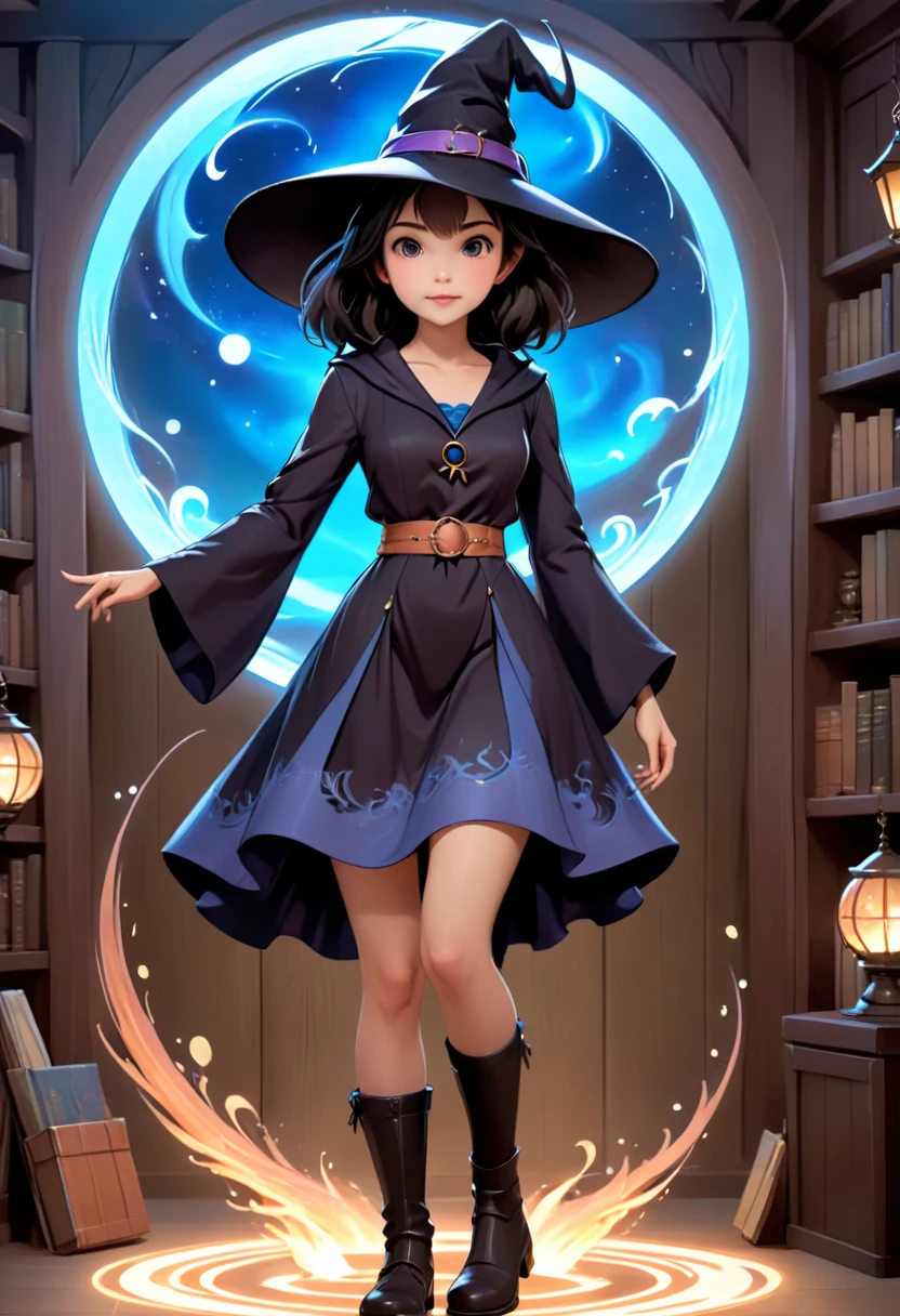 A beautiful witch in the style of Studio Ghibli, 1.55 tall, ************, with medium-length black hair, light brown eyes, fair skin, wearing a very short, transparent blue waist-length dress, black stockings and dark brown boots, a black and cinnamon cloak, a light brown handbag and a magic wand made of coral lizard. 8k image, ((highest quality)),(ultra high resolution),(Super detailed),(detailed description),((best GC)),(best artwork),super art precision,great drawing- art(Fantasy art with precise details:1.5),(witch:1.6),(and pretty cute shaped face:a 1.5),(Magic circle floating:1.6),dynamic pose:1.5,boots:1.3, magic circle, final fantasy XV style, 4K, super sexy, without panties