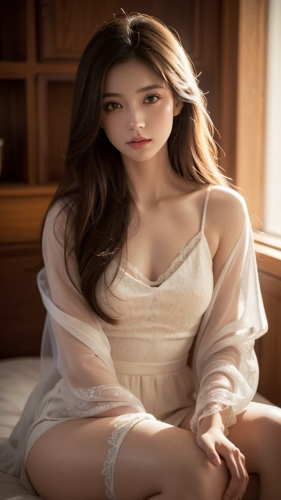 1girl, solo, small breasts, sheer jacket, casual dress,  thighhigh, (best quality,4k,8k,highres,masterpiece:1.2),ultra-detailed,(realistic,photorealistic,photo-realistic:1.37),intricate details, delicate features, beautiful detailed eyes, beautiful detailed lips, extremely detailed face, long eyelashes, serene expression, flowing hair, natural lighting, warm color palette, soft focus, digital painting, cinematic composition