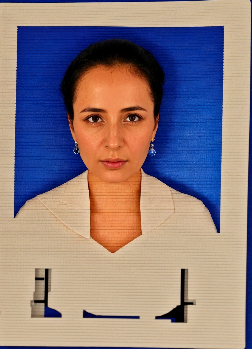 arafed picture of a woman with a blue background, passport photo, 30 years old woman,